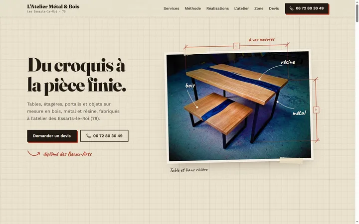 Proposition Établi : « Du croquis à la pièce finie », une table avec ses cotes au crayon.